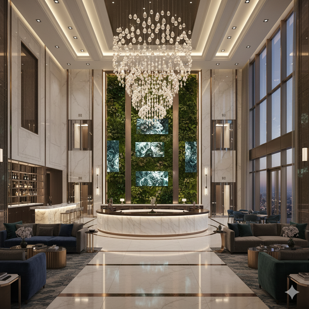 3D image of luxurious hotel lobby