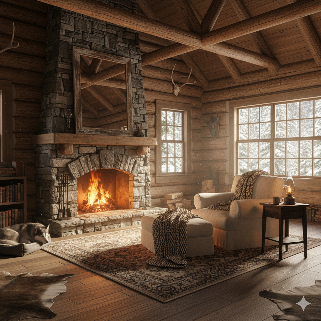 3D image of rustic cabin interior