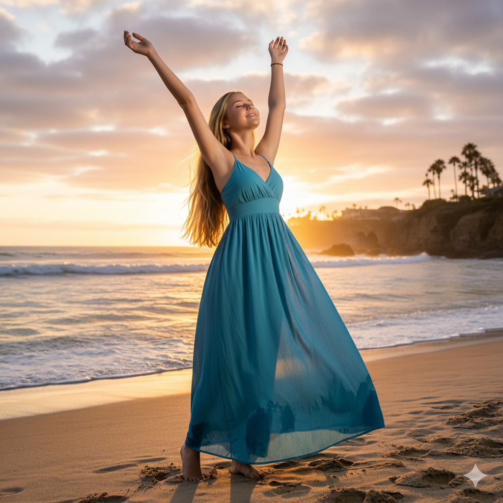 US teen girl wearing blue dress in a beach