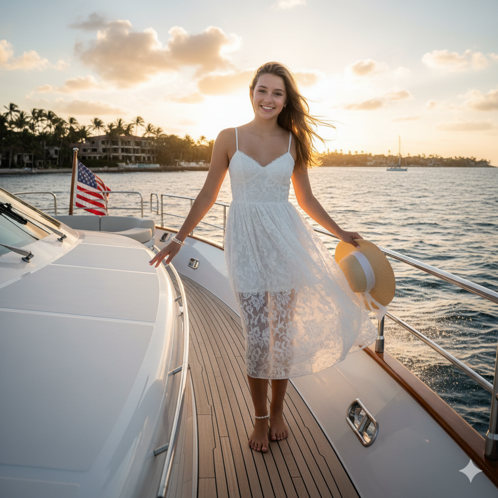 US teen girl wearing red white dress on a yacht