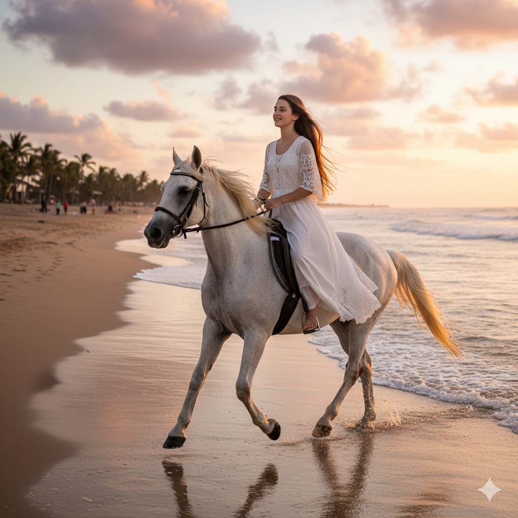 US teen girl wearing red white dress riding horse